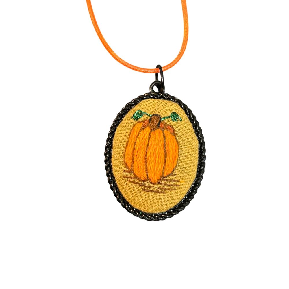 Handmade Embroidery Pumpkin Pendant Necklace